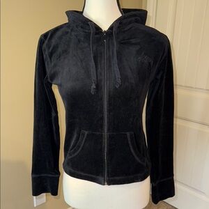 DKNY Hoodie Sweatshirt Black Velour Zip Up Front Pockets Women's Sz S